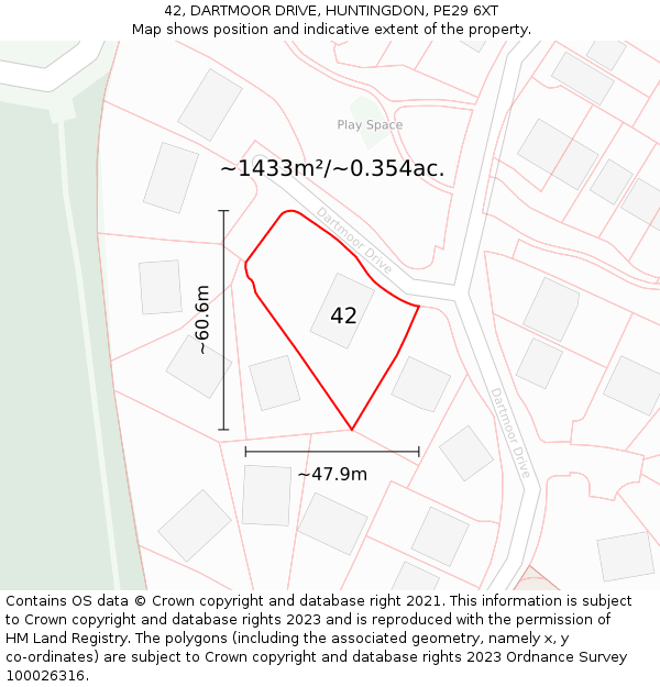 42, DARTMOOR DRIVE, HUNTINGDON, PE29 6XT: Plot and title map