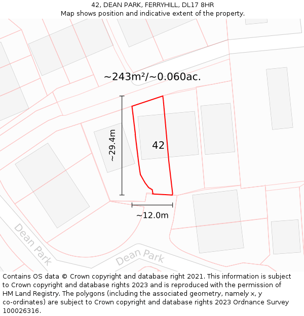 42, DEAN PARK, FERRYHILL, DL17 8HR: Plot and title map