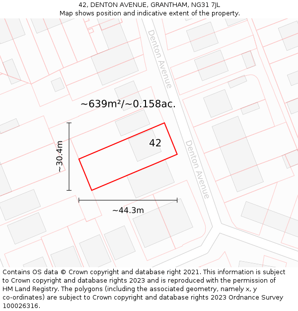 42, DENTON AVENUE, GRANTHAM, NG31 7JL: Plot and title map