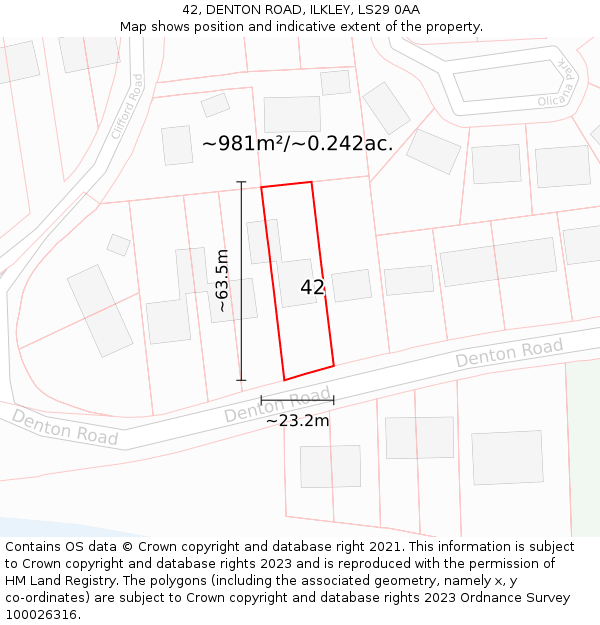 42, DENTON ROAD, ILKLEY, LS29 0AA: Plot and title map