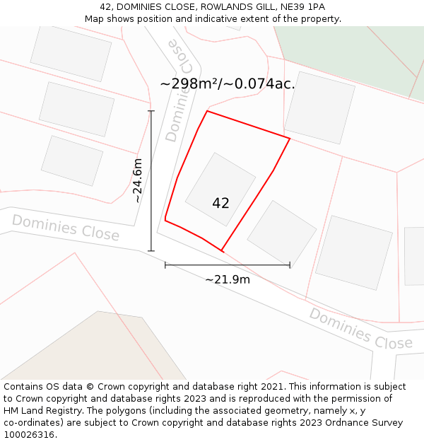 42, DOMINIES CLOSE, ROWLANDS GILL, NE39 1PA: Plot and title map