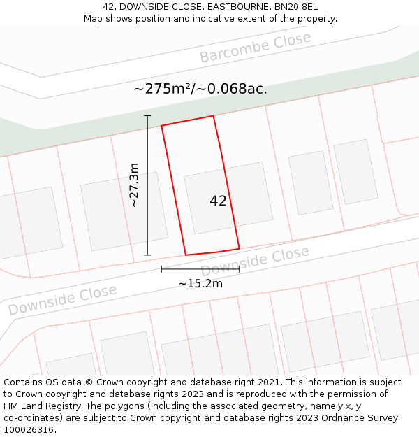 42, DOWNSIDE CLOSE, EASTBOURNE, BN20 8EL: Plot and title map