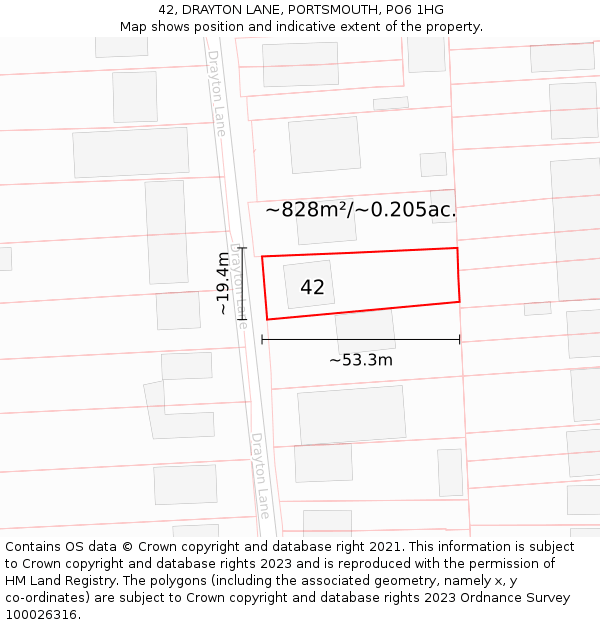 42, DRAYTON LANE, PORTSMOUTH, PO6 1HG: Plot and title map