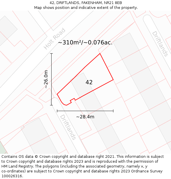 42, DRIFTLANDS, FAKENHAM, NR21 8EB: Plot and title map