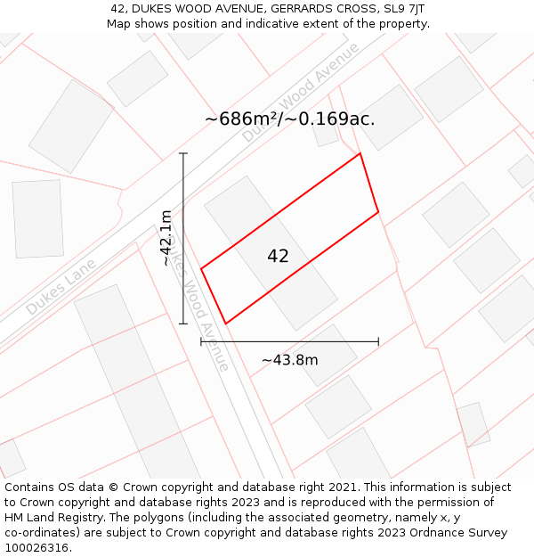 42, DUKES WOOD AVENUE, GERRARDS CROSS, SL9 7JT: Plot and title map