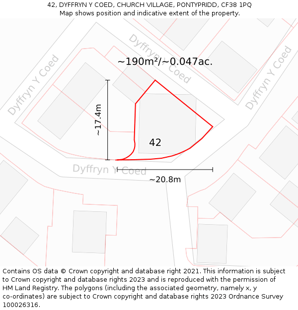 42, DYFFRYN Y COED, CHURCH VILLAGE, PONTYPRIDD, CF38 1PQ: Plot and title map