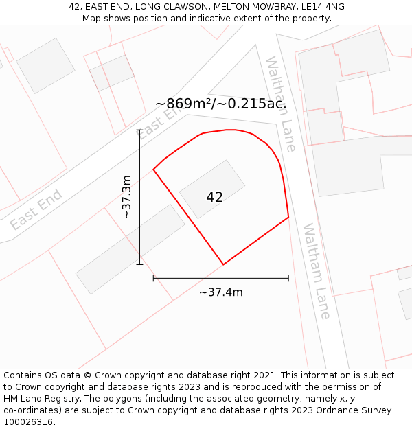 42, EAST END, LONG CLAWSON, MELTON MOWBRAY, LE14 4NG: Plot and title map