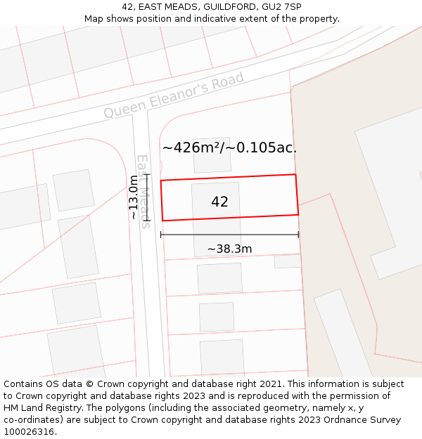 42, EAST MEADS, GUILDFORD, GU2 7SP: Plot and title map