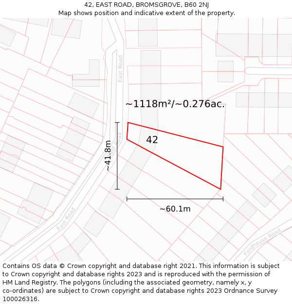 42, EAST ROAD, BROMSGROVE, B60 2NJ: Plot and title map