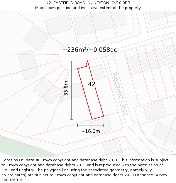 42, EASTFIELD ROAD, NUNEATON, CV10 0BB: Plot and title map