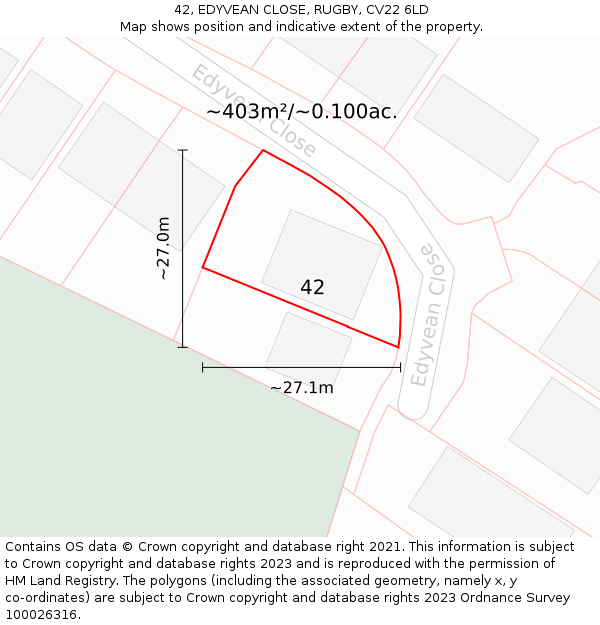 42, EDYVEAN CLOSE, RUGBY, CV22 6LD: Plot and title map