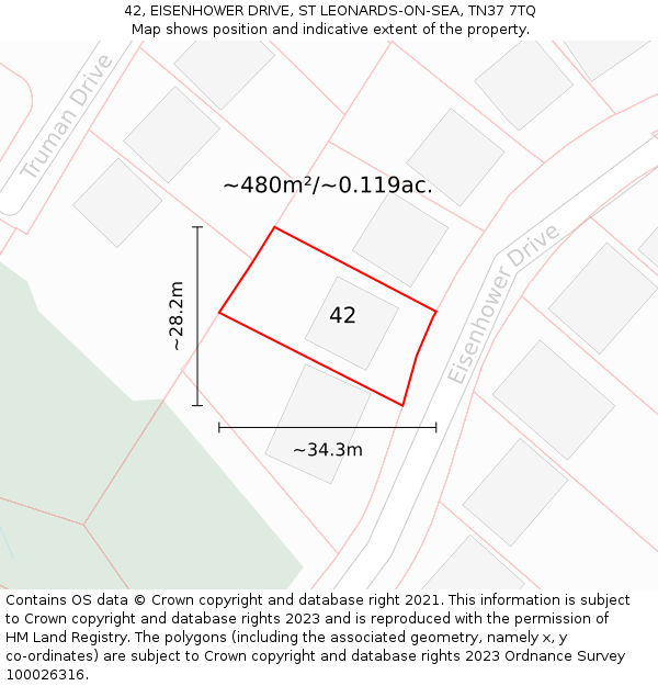 42, EISENHOWER DRIVE, ST LEONARDS-ON-SEA, TN37 7TQ: Plot and title map