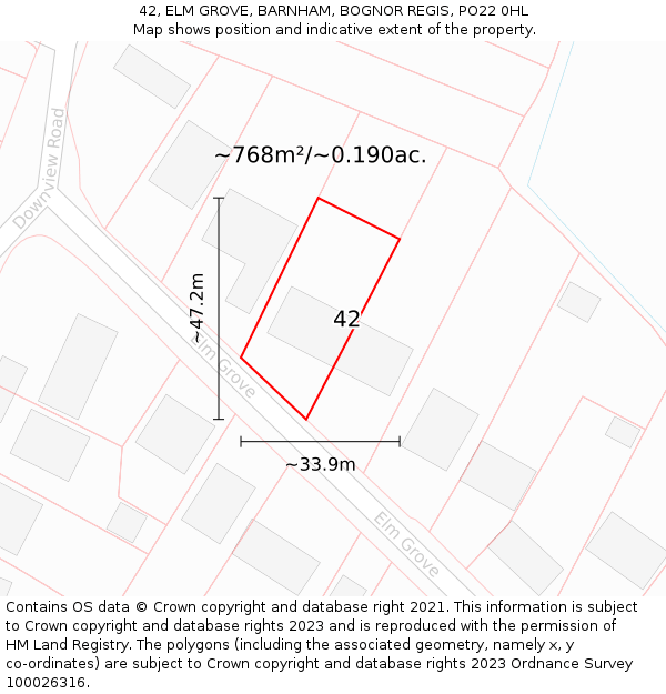 42, ELM GROVE, BARNHAM, BOGNOR REGIS, PO22 0HL: Plot and title map