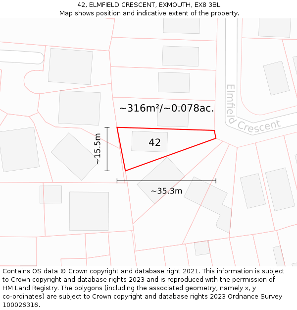 42, ELMFIELD CRESCENT, EXMOUTH, EX8 3BL: Plot and title map