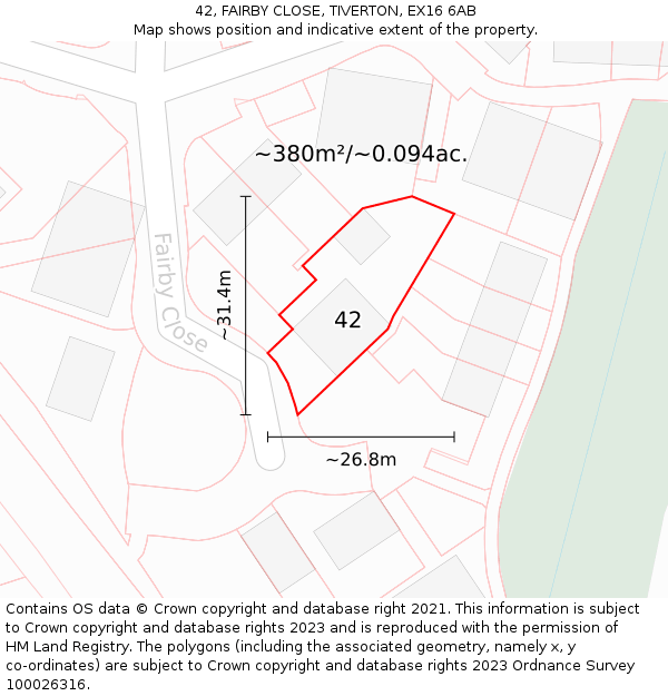 42, FAIRBY CLOSE, TIVERTON, EX16 6AB: Plot and title map