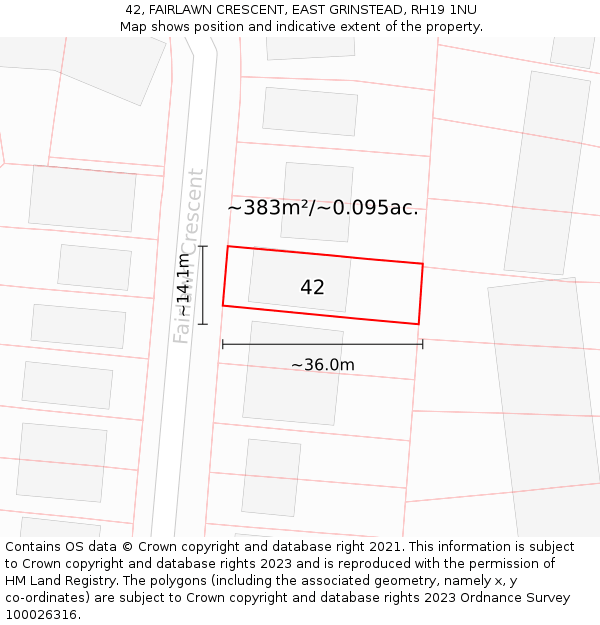 42, FAIRLAWN CRESCENT, EAST GRINSTEAD, RH19 1NU: Plot and title map