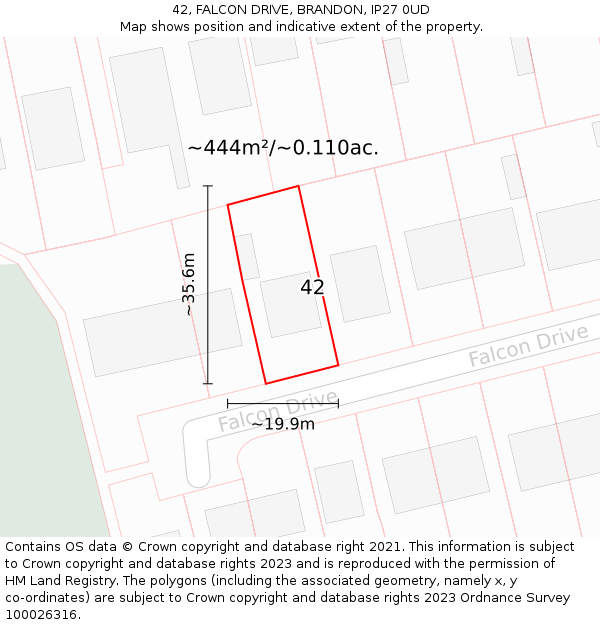 42, FALCON DRIVE, BRANDON, IP27 0UD: Plot and title map