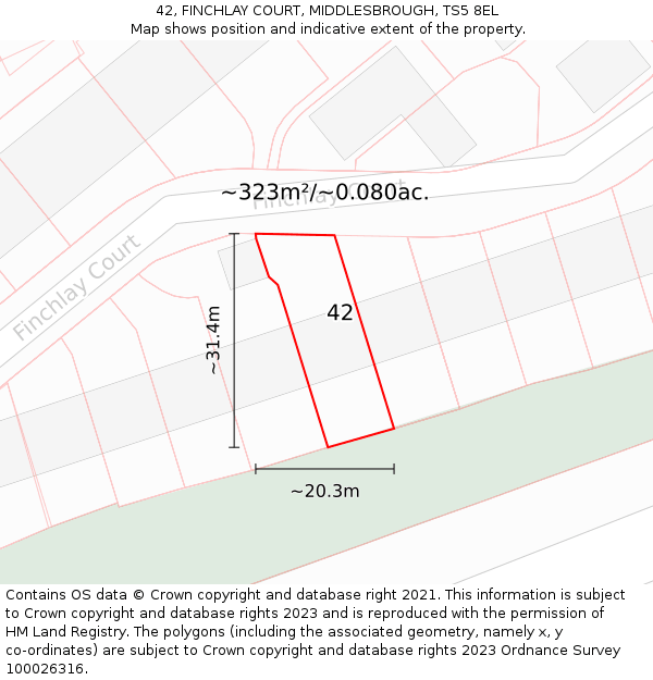 42, FINCHLAY COURT, MIDDLESBROUGH, TS5 8EL: Plot and title map