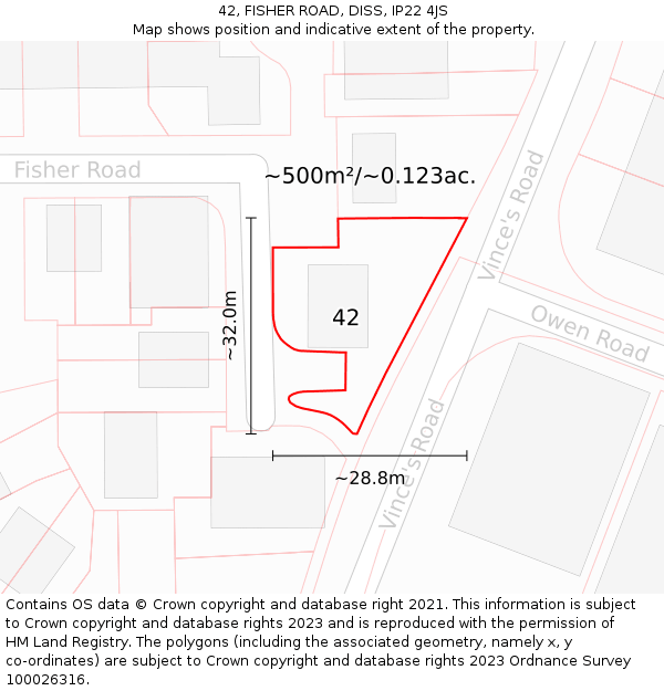 42, FISHER ROAD, DISS, IP22 4JS: Plot and title map