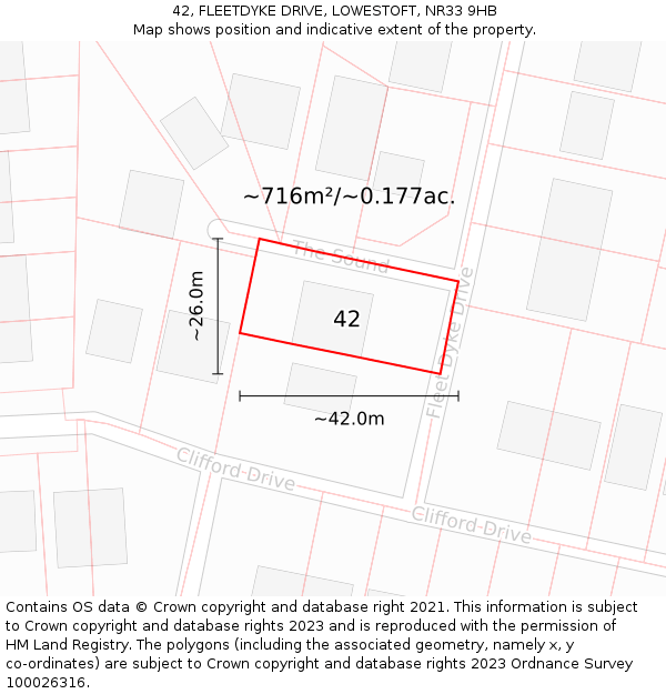 42, FLEETDYKE DRIVE, LOWESTOFT, NR33 9HB: Plot and title map