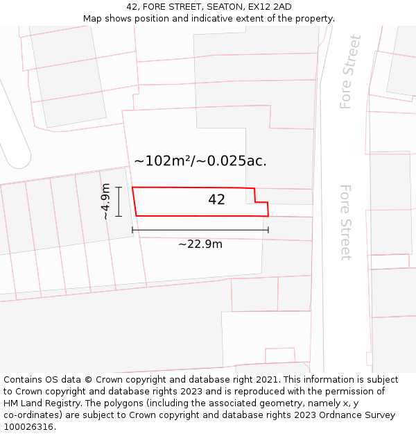42, FORE STREET, SEATON, EX12 2AD: Plot and title map