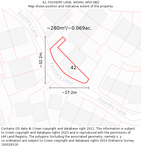 42, FOUNDRY LANE, WIGAN, WN3 6BZ: Plot and title map