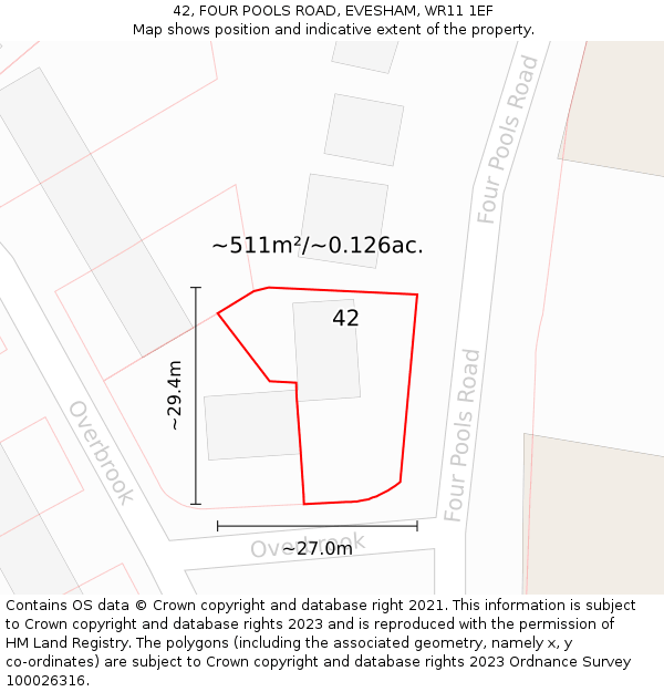 42, FOUR POOLS ROAD, EVESHAM, WR11 1EF: Plot and title map