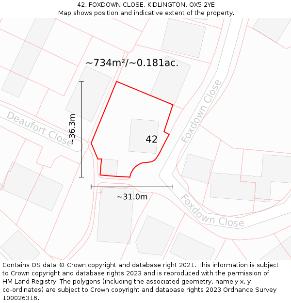 42, FOXDOWN CLOSE, KIDLINGTON, OX5 2YE: Plot and title map