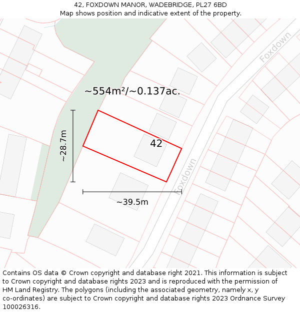 42, FOXDOWN MANOR, WADEBRIDGE, PL27 6BD: Plot and title map