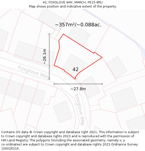 42, FOXGLOVE WAY, MARCH, PE15 8RU: Plot and title map