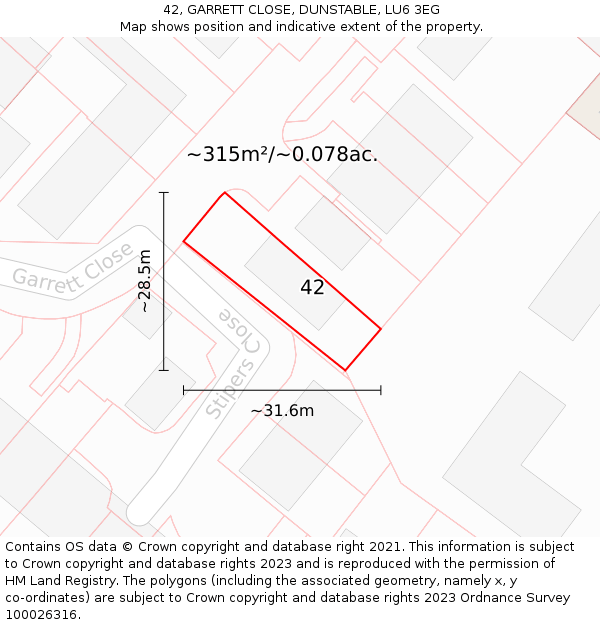 42, GARRETT CLOSE, DUNSTABLE, LU6 3EG: Plot and title map