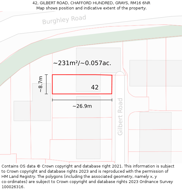 42, GILBERT ROAD, CHAFFORD HUNDRED, GRAYS, RM16 6NR: Plot and title map