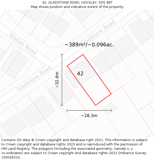 42, GLADSTONE ROAD, HOCKLEY, SS5 4BT: Plot and title map