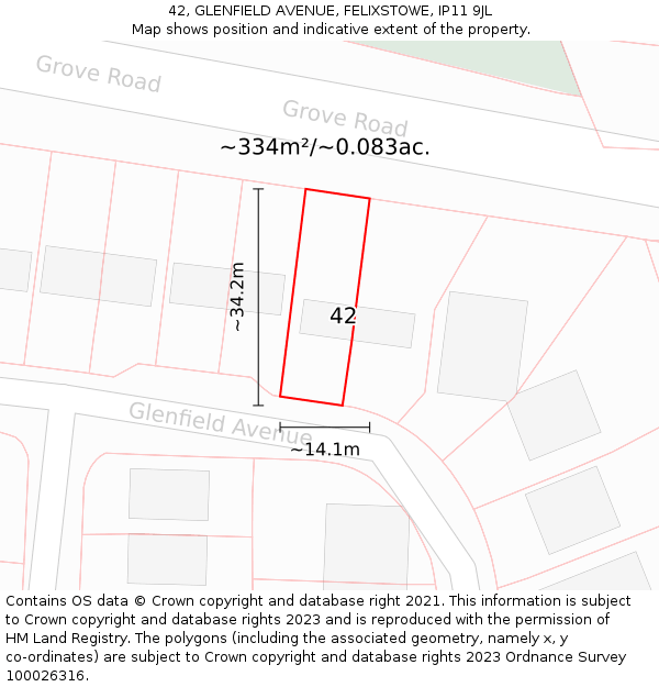 42, GLENFIELD AVENUE, FELIXSTOWE, IP11 9JL: Plot and title map