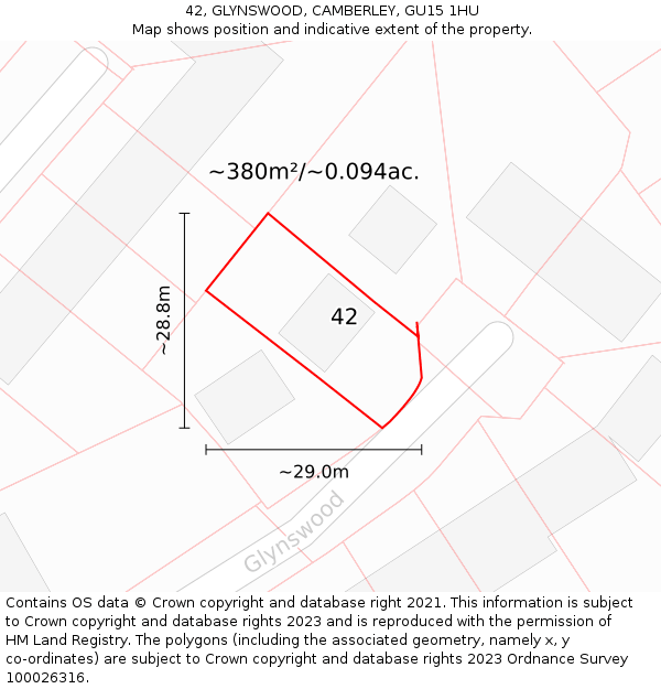 42, GLYNSWOOD, CAMBERLEY, GU15 1HU: Plot and title map