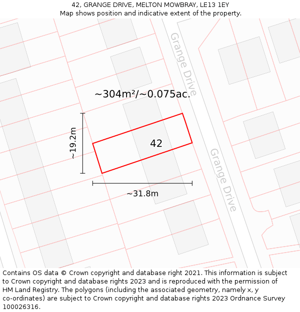 42, GRANGE DRIVE, MELTON MOWBRAY, LE13 1EY: Plot and title map