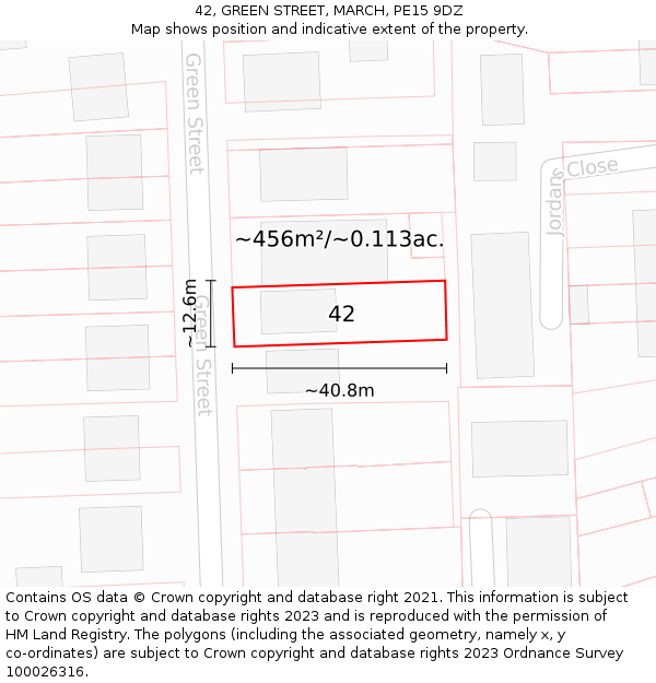 42, GREEN STREET, MARCH, PE15 9DZ: Plot and title map