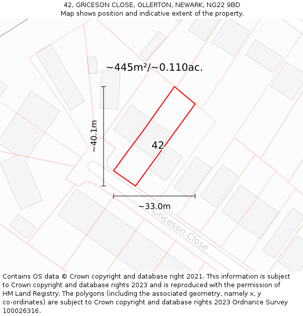 42, GRICESON CLOSE, OLLERTON, NEWARK, NG22 9BD: Plot and title map