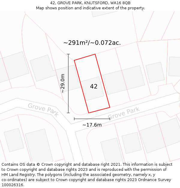 42, GROVE PARK, KNUTSFORD, WA16 8QB: Plot and title map