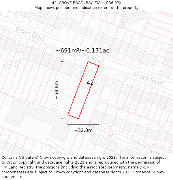 42, GROVE ROAD, RAYLEIGH, SS6 8PX: Plot and title map