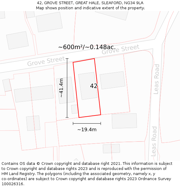 42, GROVE STREET, GREAT HALE, SLEAFORD, NG34 9LA: Plot and title map