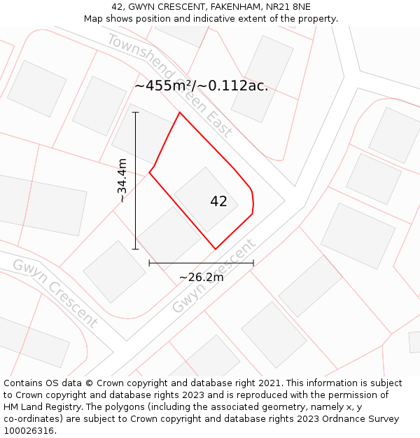 42, GWYN CRESCENT, FAKENHAM, NR21 8NE: Plot and title map