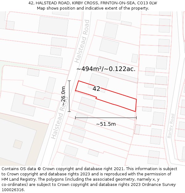 42, HALSTEAD ROAD, KIRBY CROSS, FRINTON-ON-SEA, CO13 0LW: Plot and title map