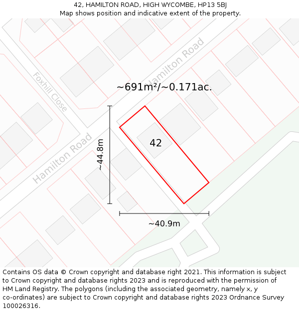 42, HAMILTON ROAD, HIGH WYCOMBE, HP13 5BJ: Plot and title map