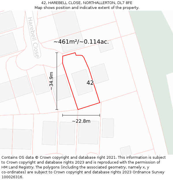 42, HAREBELL CLOSE, NORTHALLERTON, DL7 8FE: Plot and title map