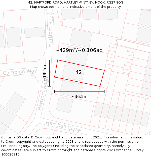 42, HARTFORD ROAD, HARTLEY WINTNEY, HOOK, RG27 8QG: Plot and title map