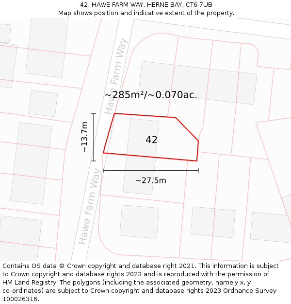 42, HAWE FARM WAY, HERNE BAY, CT6 7UB: Plot and title map