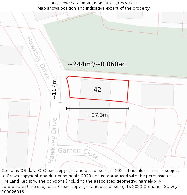 42, HAWKSEY DRIVE, NANTWICH, CW5 7GF: Plot and title map