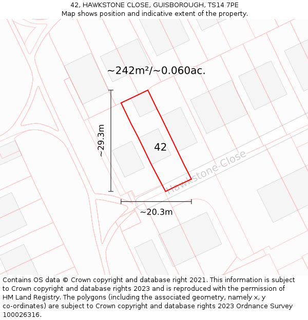 42, HAWKSTONE CLOSE, GUISBOROUGH, TS14 7PE: Plot and title map