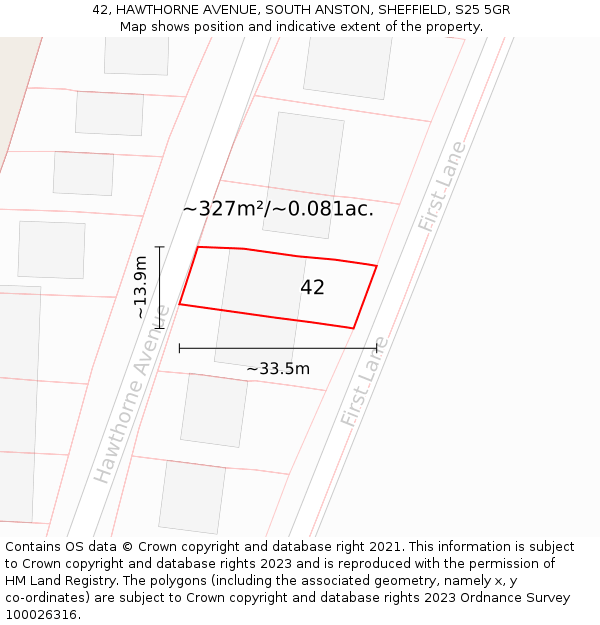 42, HAWTHORNE AVENUE, SOUTH ANSTON, SHEFFIELD, S25 5GR: Plot and title map